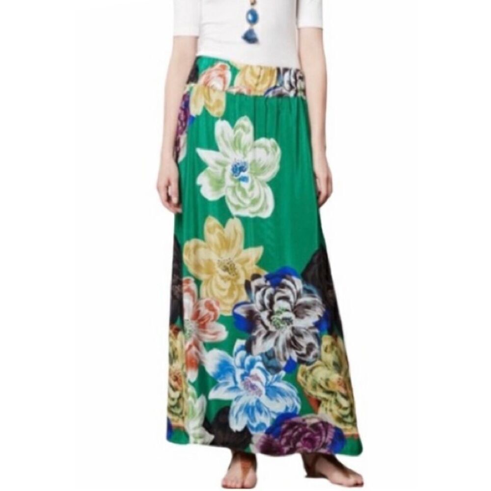 Anthropologie Green Floral Maxi Skirt